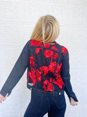 Genevieve Black Red Lace Denim Jacket