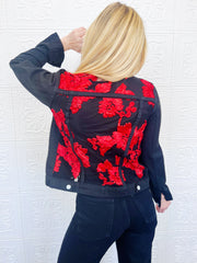 Genevieve Black Red Lace Denim Jacket