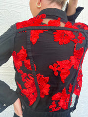 Genevieve Black Red Lace Denim Jacket