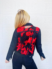 Genevieve Black Red Lace Denim Jacket