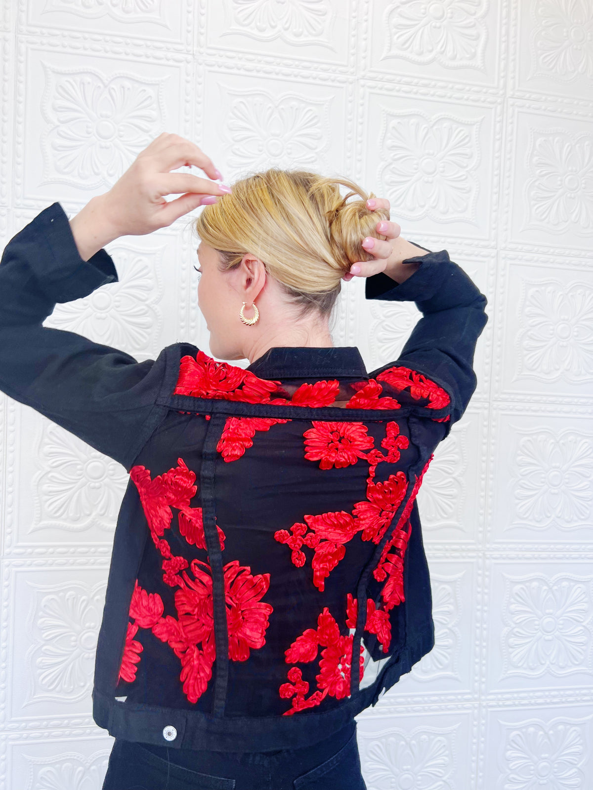 Genevieve Black Red Lace Denim Jacket